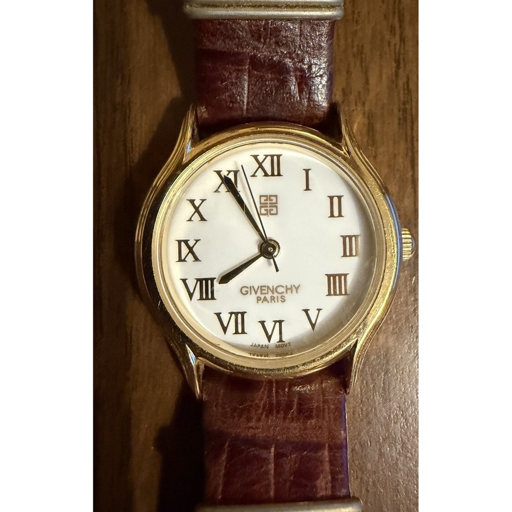 Givenchy Paris White Dial Roman Numerals Gold Case Brown Leather Band Tested
